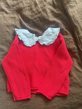 Zara Bright Red Knit Sweater with Ruffled Stripe Collar